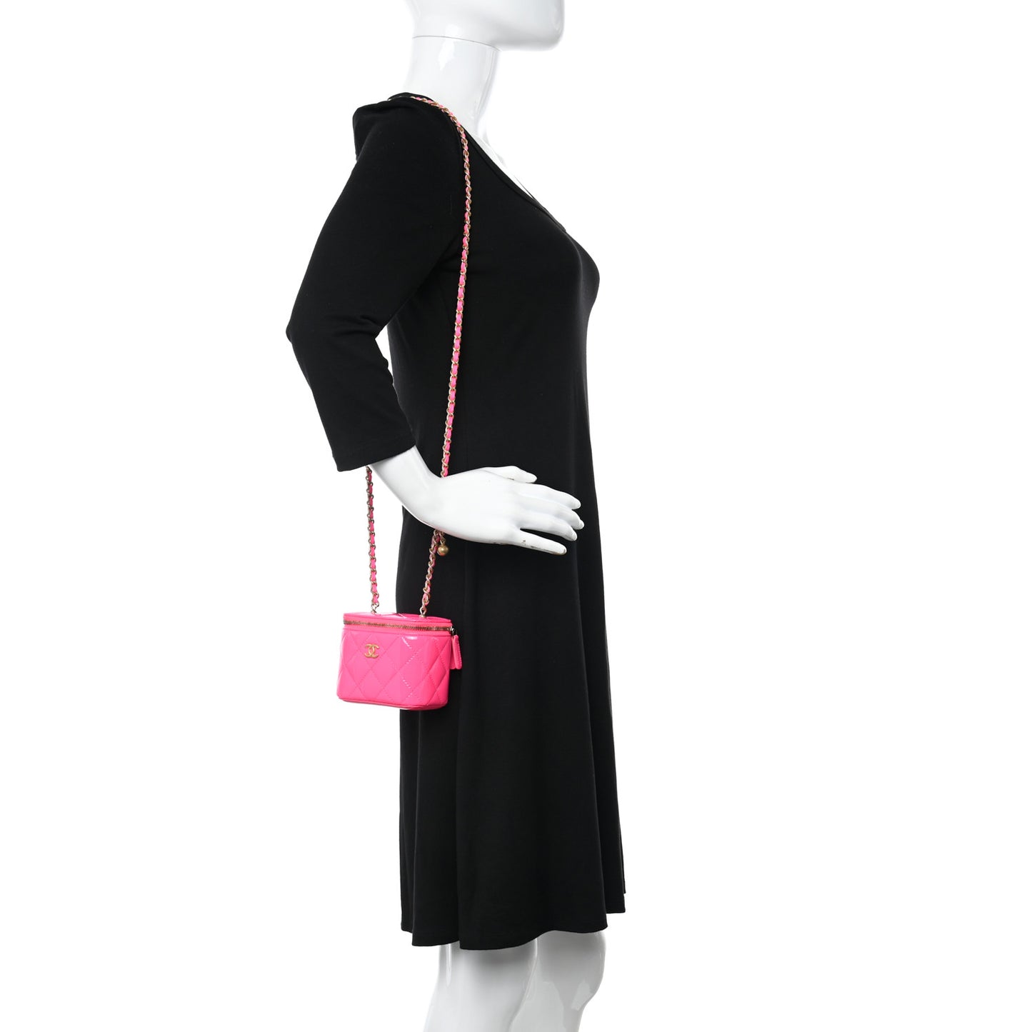 Patent Quilted Pearl Crush Mini Vanity Case With Chain Neon Pink