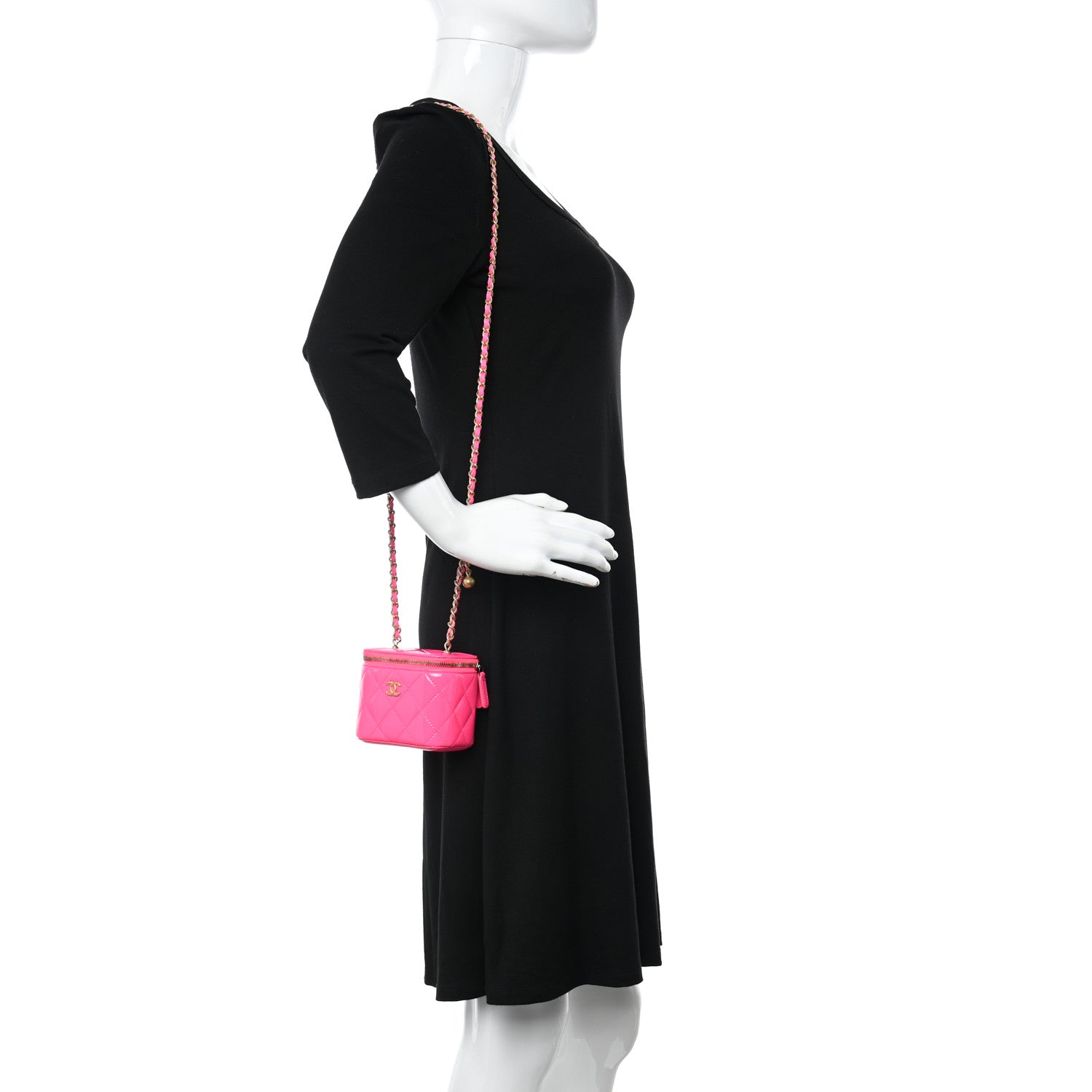 Chanel Patent Quilted Pearl Crush Mini Vanity Case With Chain Neon Pink 2 of 12