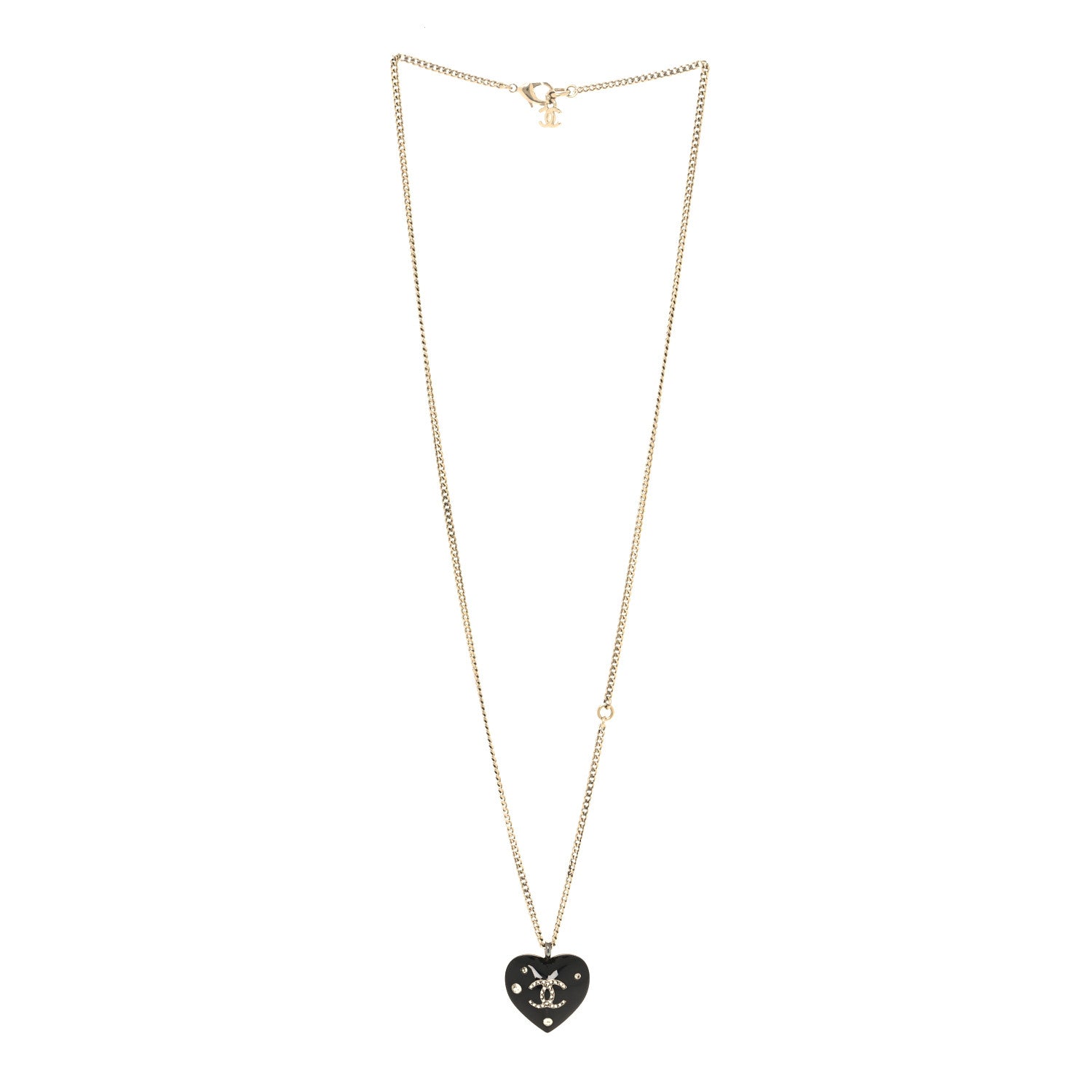 Chanel Resin Crystal CC Heart Necklace Black Gold 3 of 5