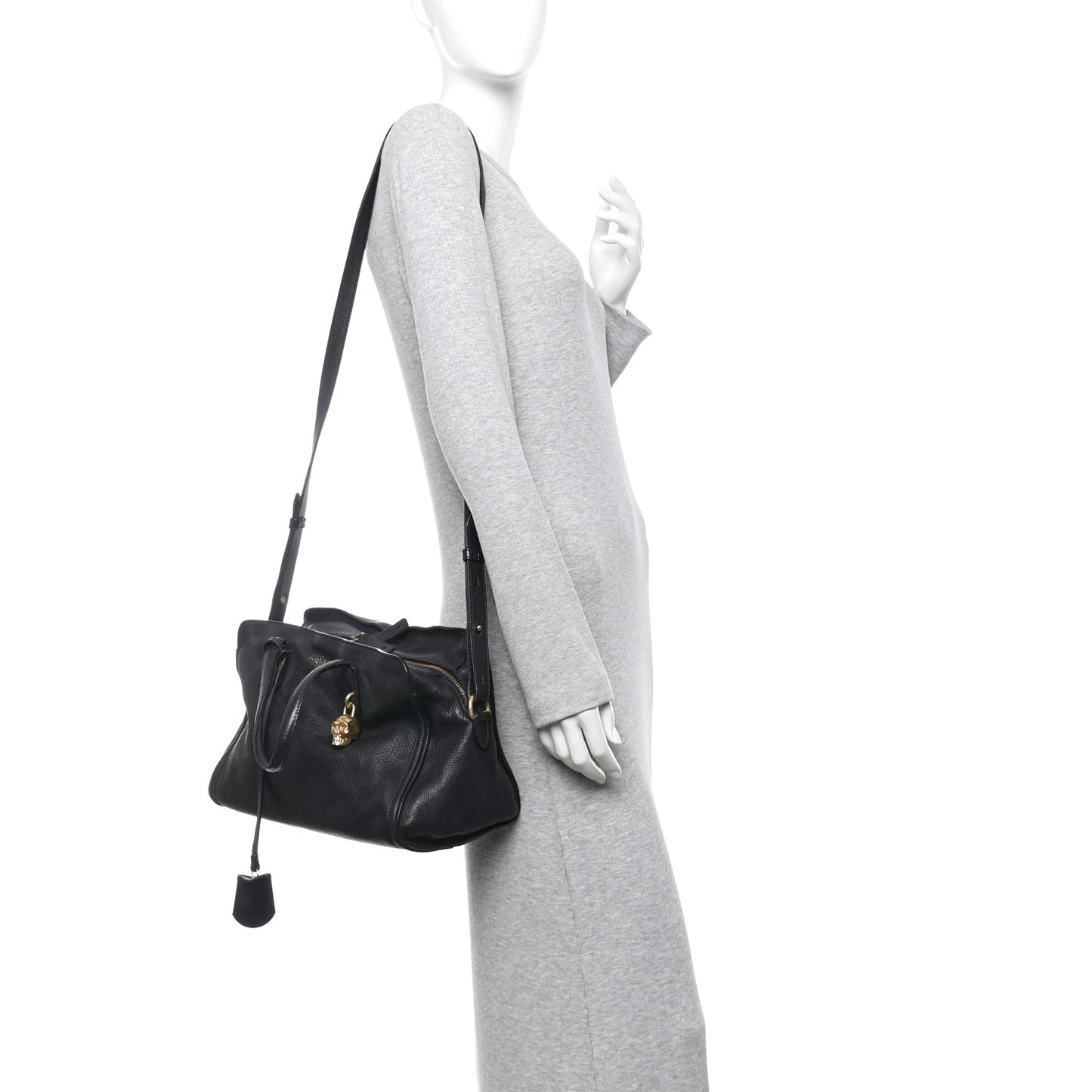 Pebbled Calfskin Small Skull Padlock Zip Around Tote Black
