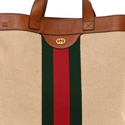 Gucci Vintage Canvas Calfskin Web Flat Tote Sand Light Cuir 8 of 10