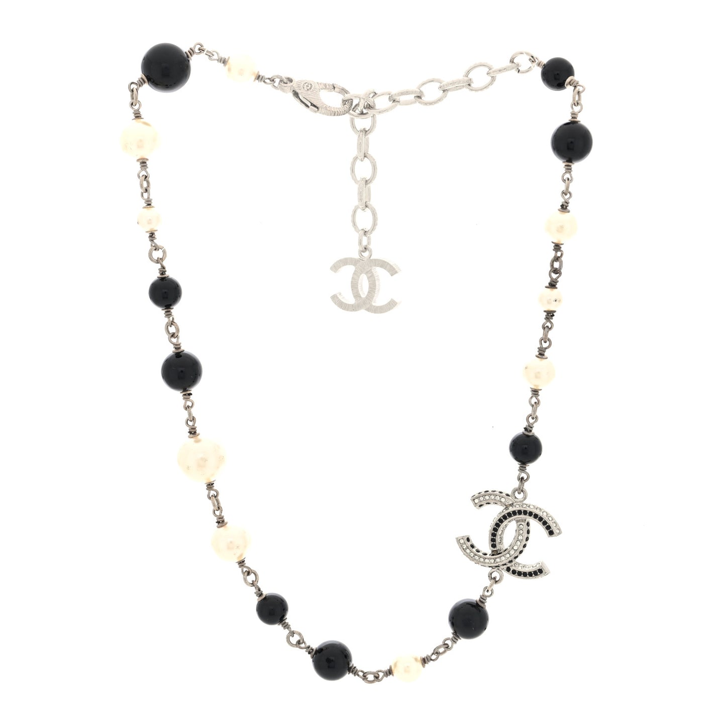 Metal Pearl Bead Crystal CC Necklace Silver Black