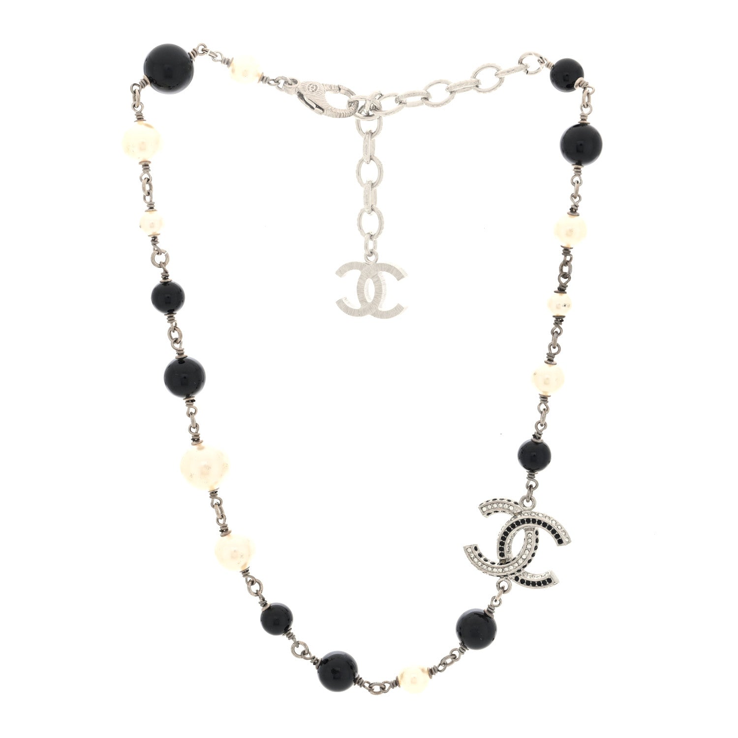 Chanel Metal Pearl Bead Crystal CC Necklace Silver Black 3 of 5