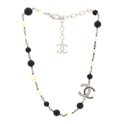 Chanel Metal Pearl Bead Crystal CC Necklace Silver Black 3 of 5