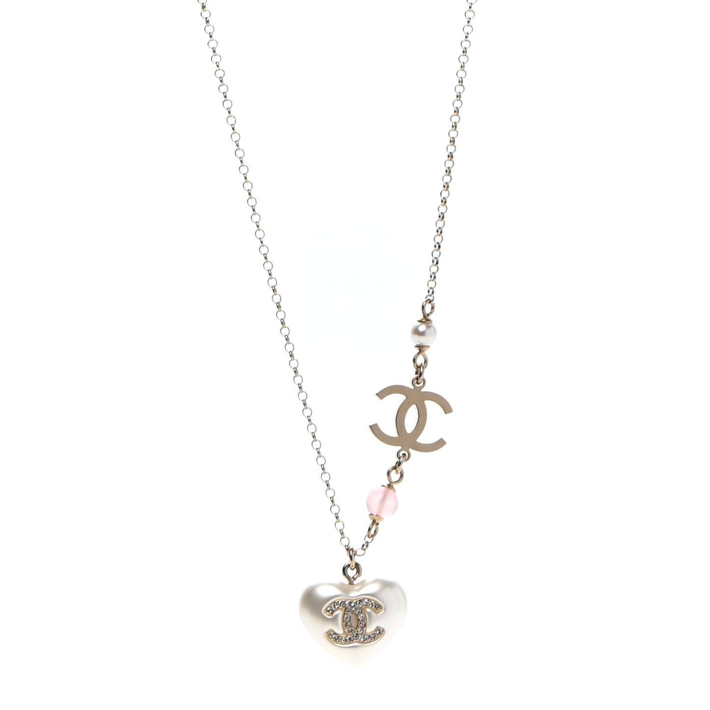 Resin Crystal CC Heart Necklace Pearly White Gold
