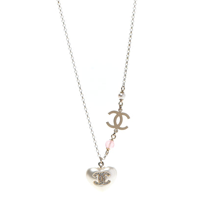 Chanel Resin Crystal CC Heart Necklace Pearly White Gold 1 of 5