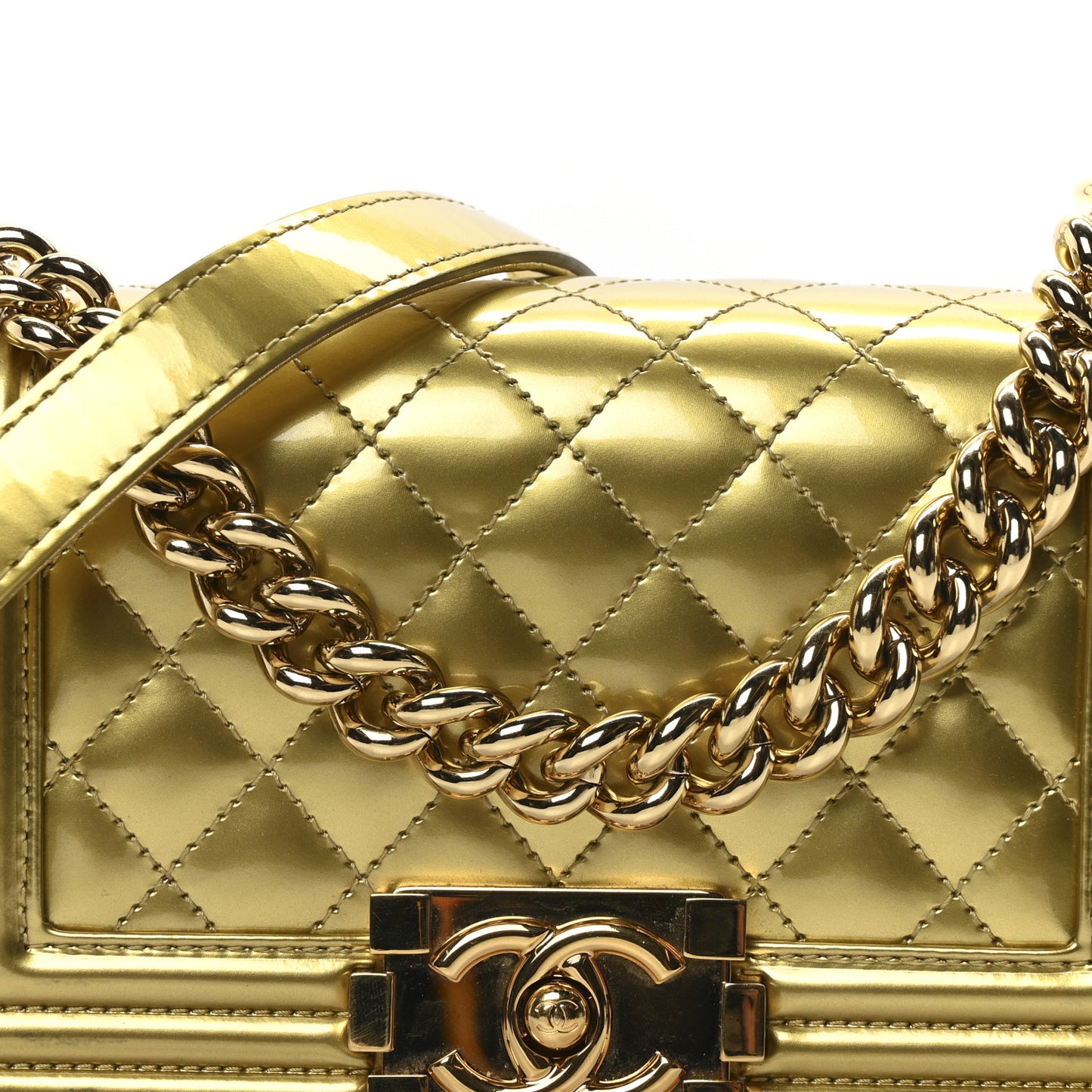 Metallic Patent Calfskin Quilted Small Boy Flap Gold