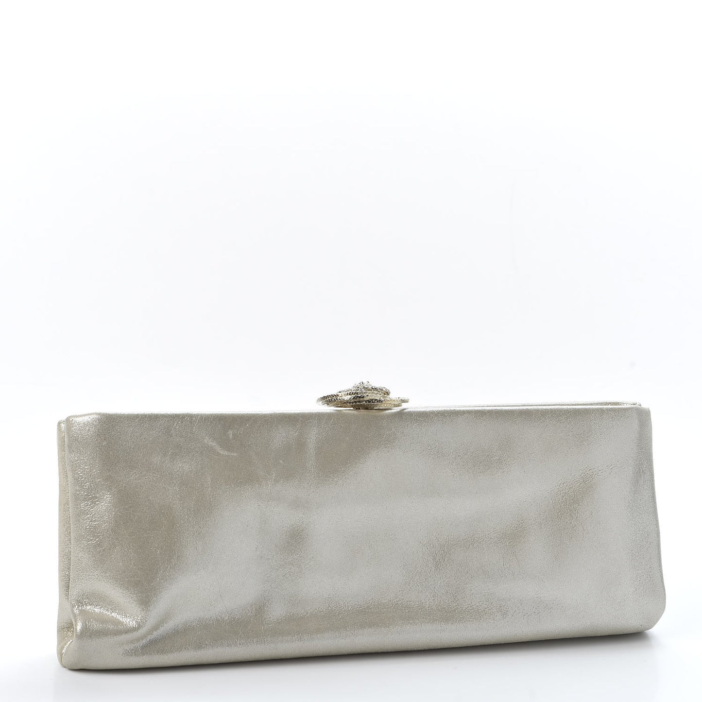 Iridescent Calfskin Crystal Camellia Evening Clutch Champagne