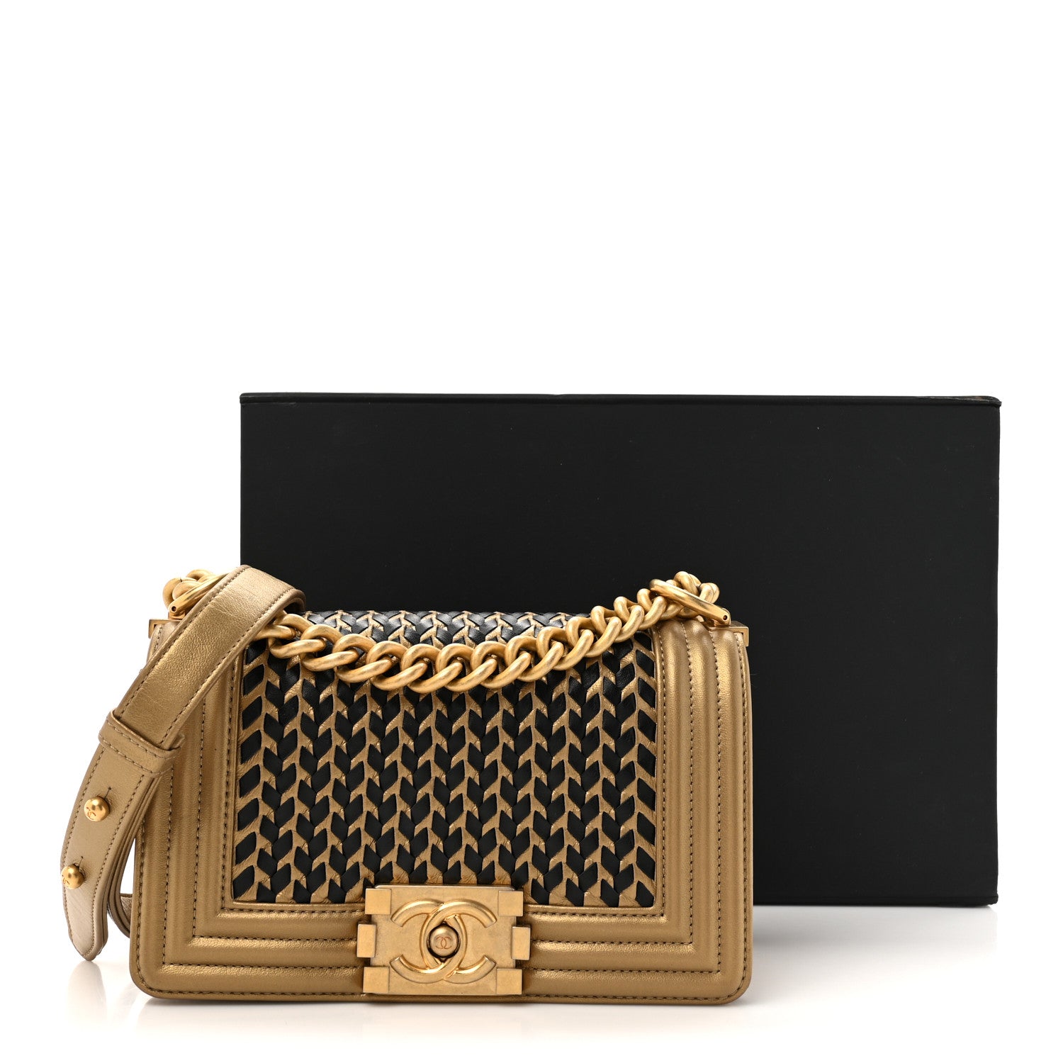 Chanel Metallic Lambskin Woven Small Boy Flap Black Gold 13 of 13