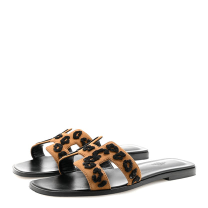 Hermes Suede Goatskin Tufted Leopard Womens Oran Sandals 40 Brun Fume Black 4 of 8