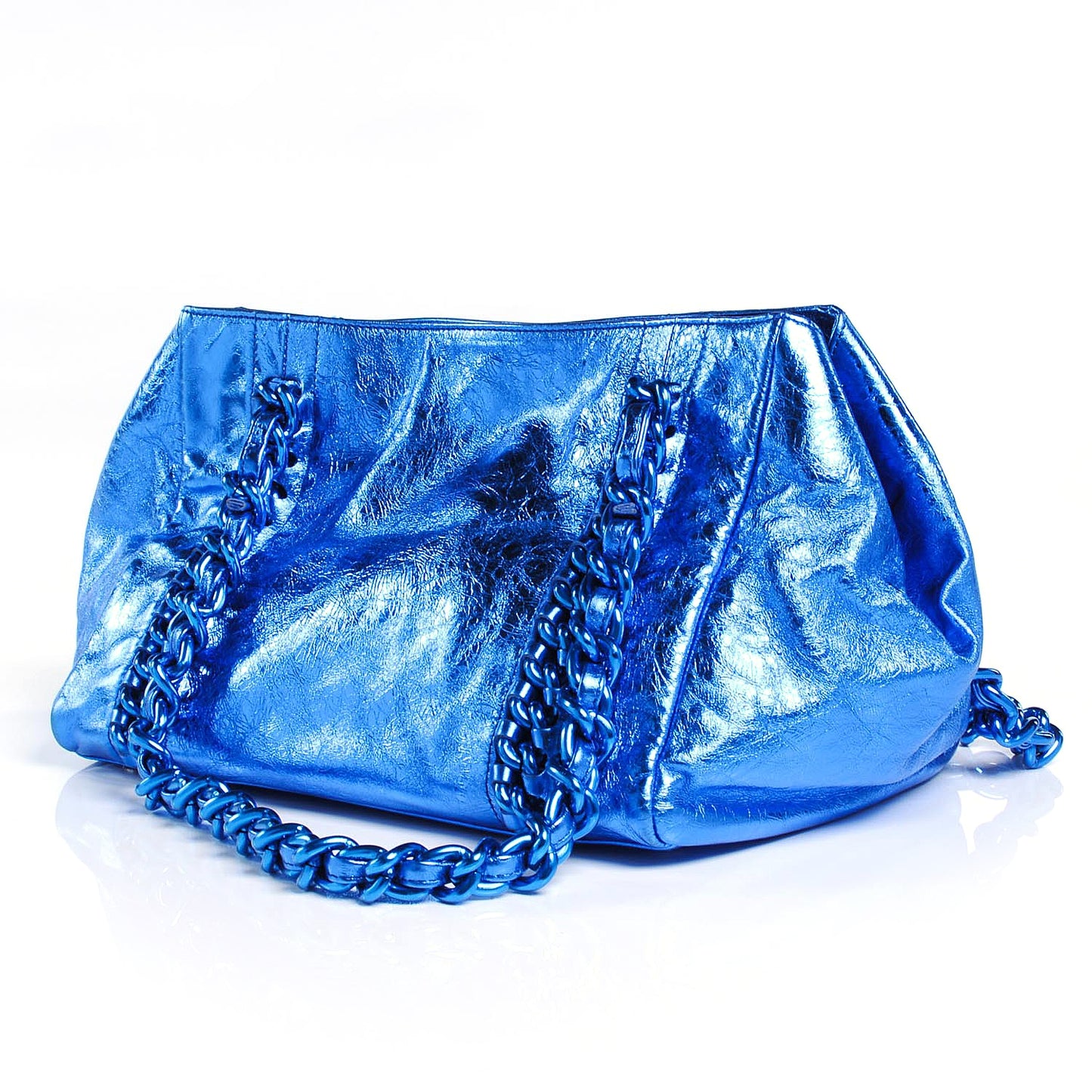 Leather Modern Chain Tote Metallic Blue