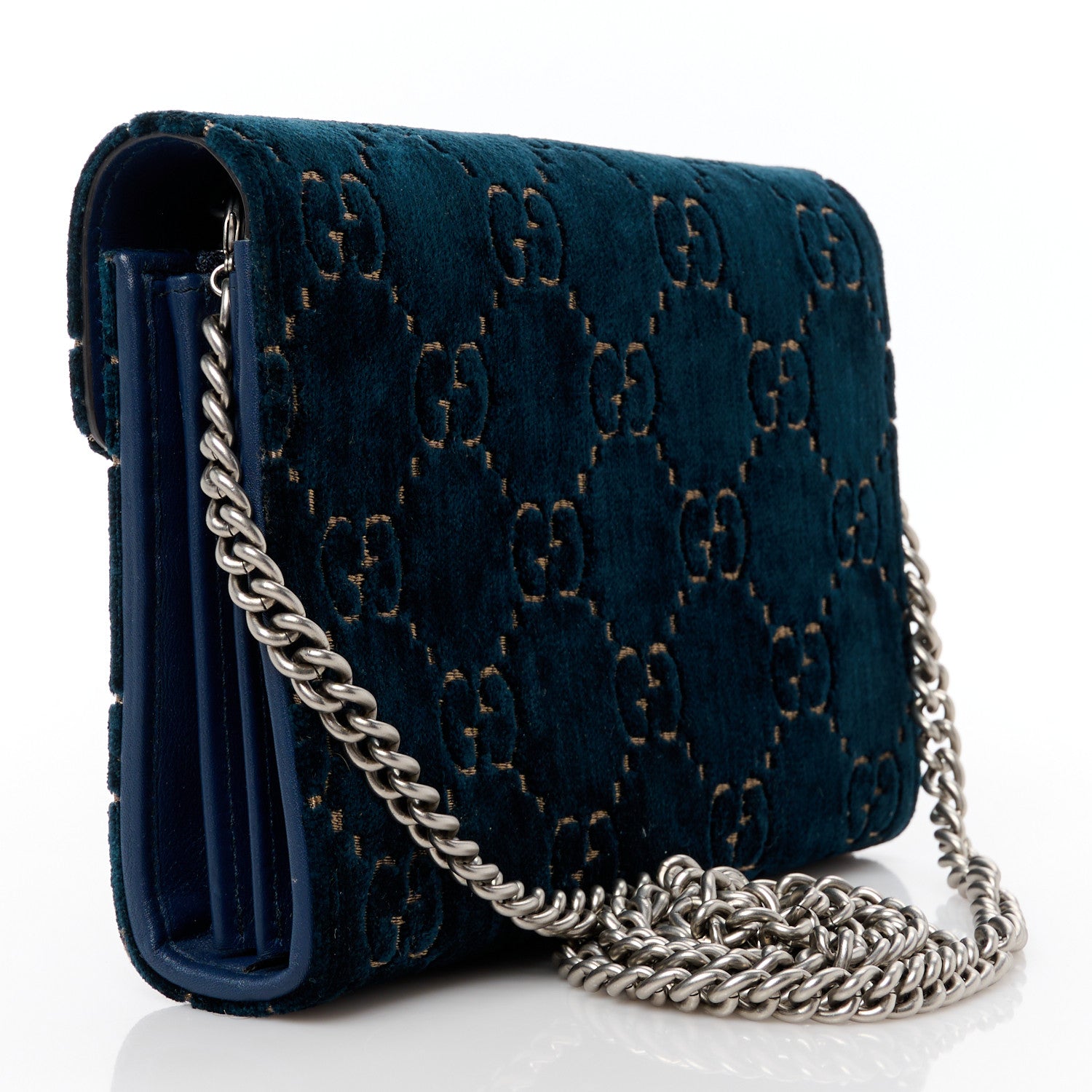 Gucci Velvet Crystal GG Monogram Mini Dionysus Chain Wallet Blue Beige Black 3 of 10