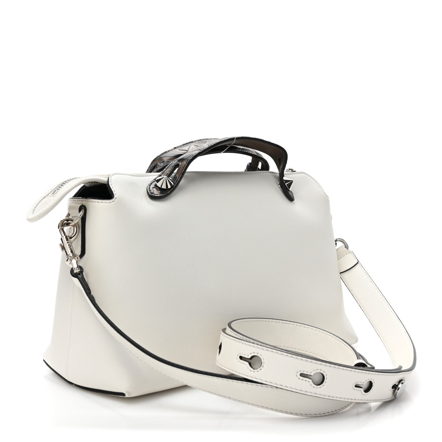 Fendi Vitello Dolce Bi-Color FF 1974 Embossed Medium By The Way Boston Bag White Ice Maya Black 3 of 16