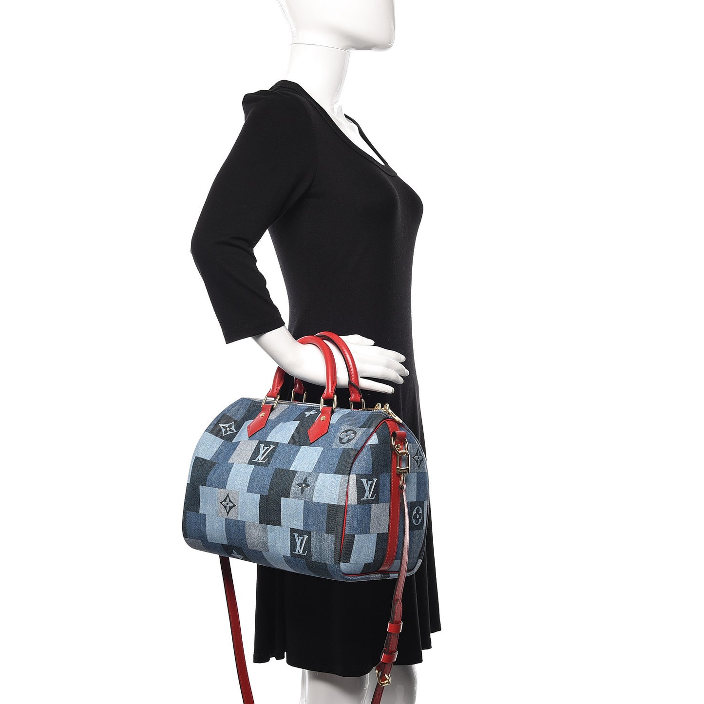 Denim Damier Monogram Patchwork Speedy Bandouliere 30 Blue Rouge
