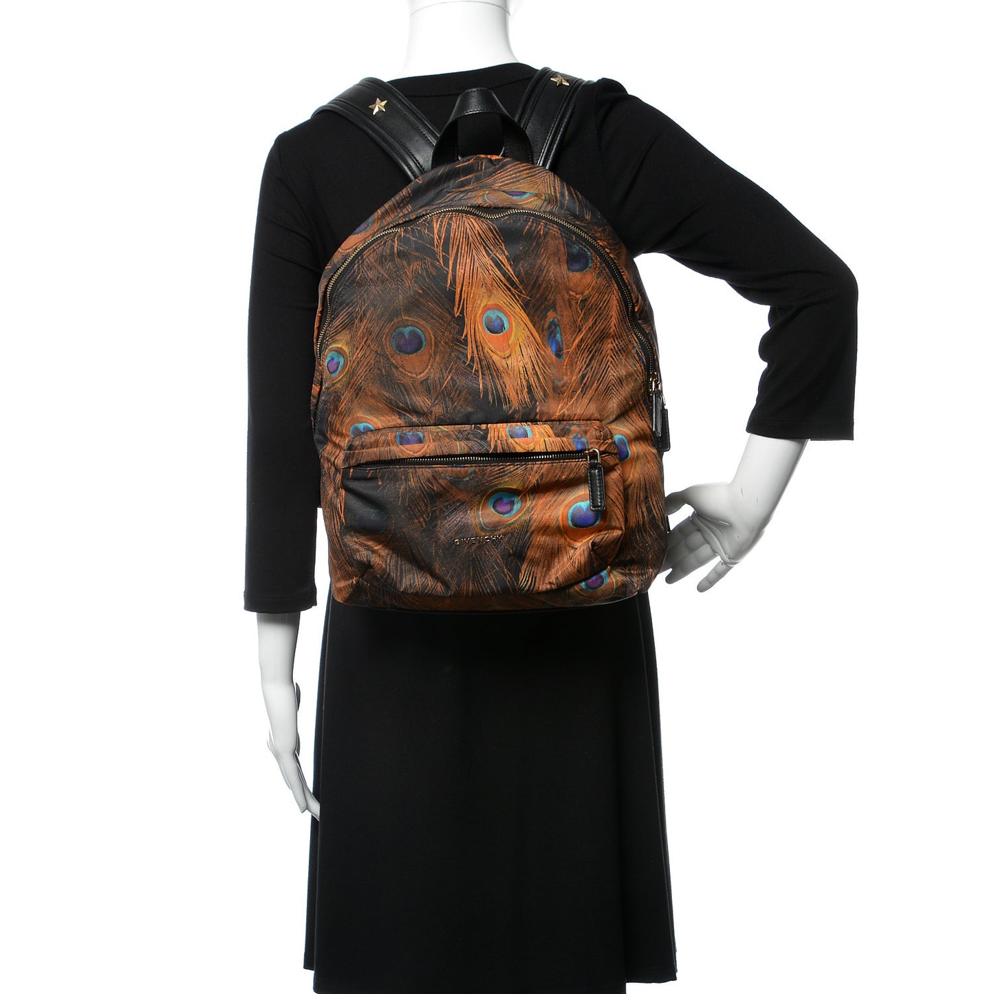 Nylon Calfskin Peacock Print Backpack Brown