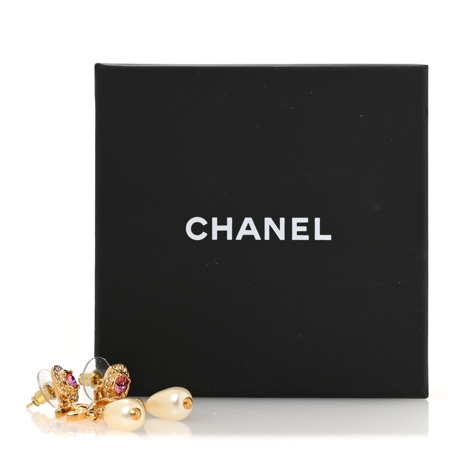 Chanel Metal Crystal Pearl CC Drop Earrings Gold Pink White 5 of 5