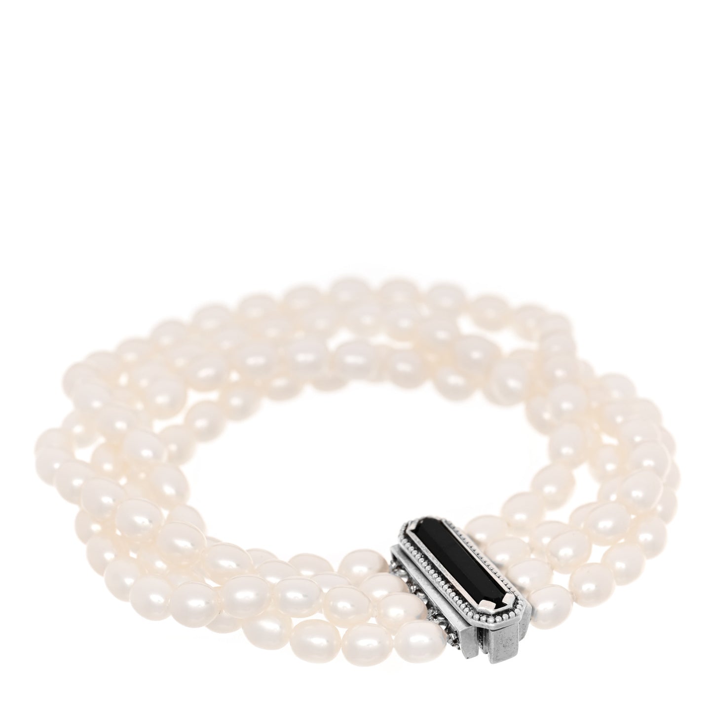 Sterling Silver Onyx Freshwater Pearl 5-6mm Ziegfeld Four Strand Bracelet