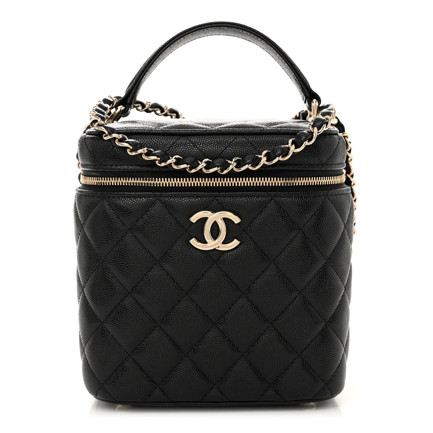 Caviar Quilted Small Top Handle Vanity Case With Chain Black
