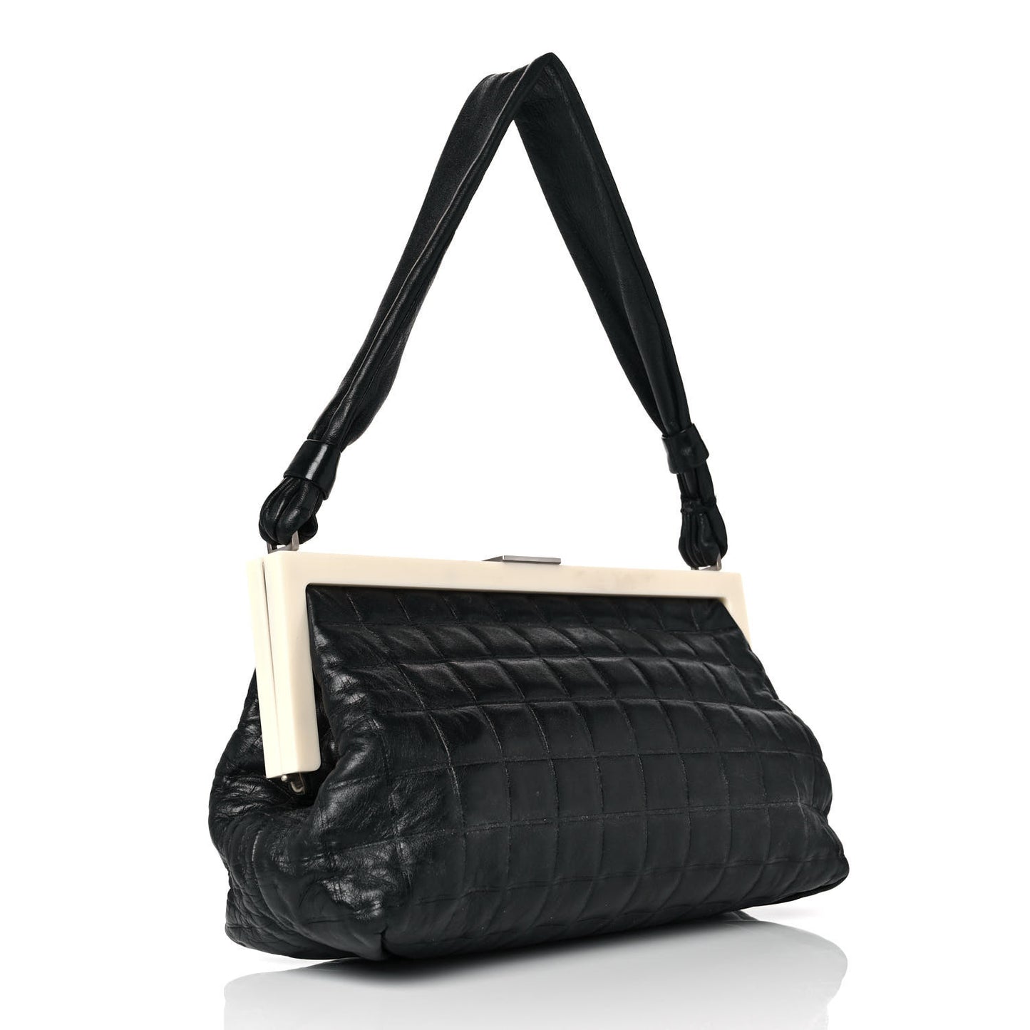 Lambskin Chocolate Bar Quilted Frame Shoulder Bag Black