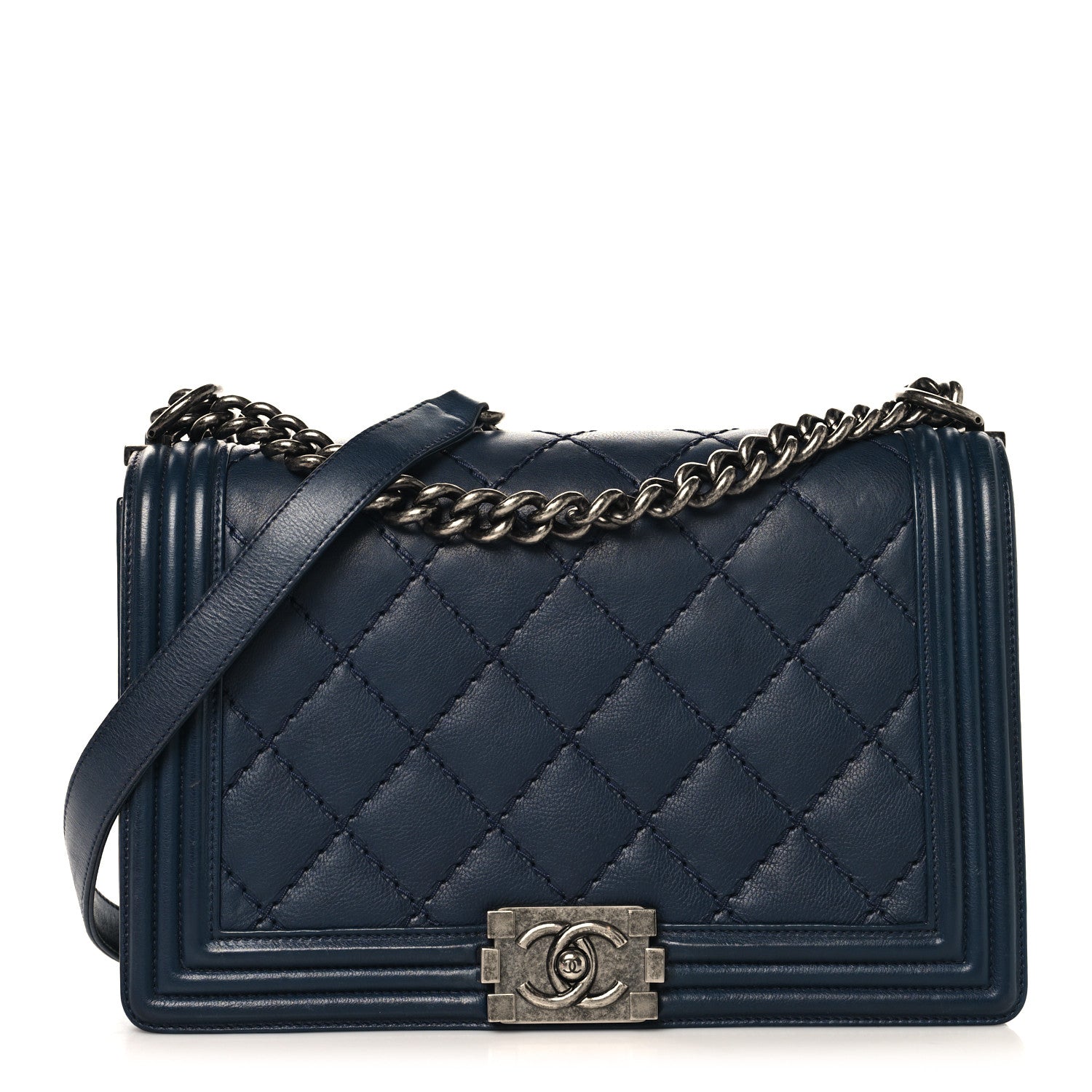 Chanel Calfskin Quilted Double Stitch New Medium Boy Flap Navy Blue 1 of 10