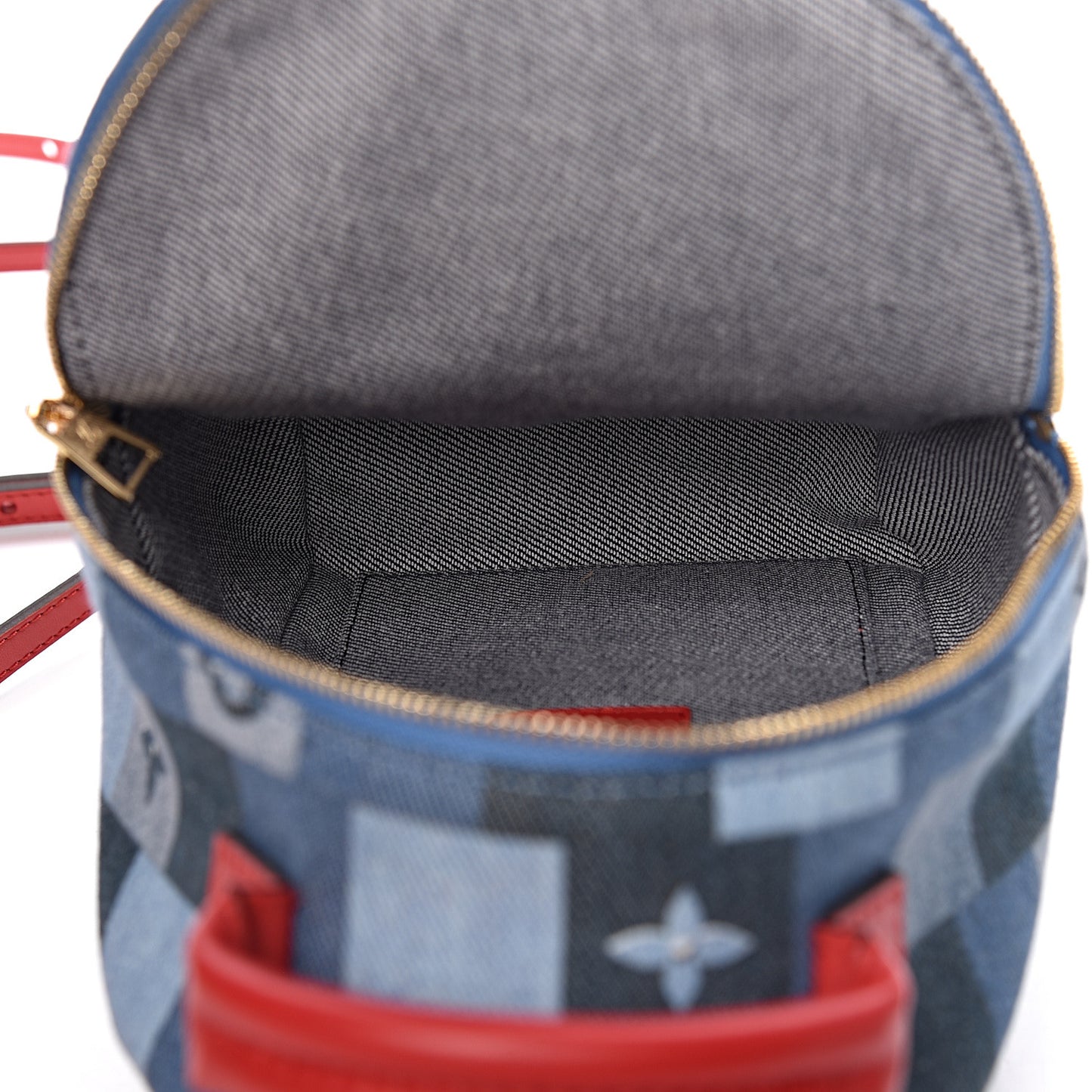 Denim Damier Monogram Patchwork Palm Springs Backpack Mini Blue Rouge