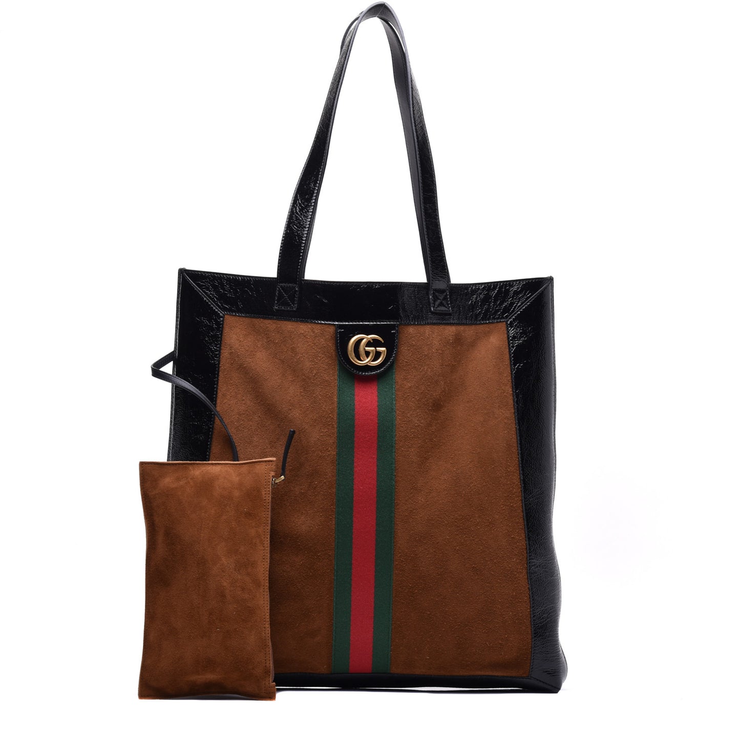 Suede Patent Web Large Ophidia Vertical Shopping Tote Nocciola Black