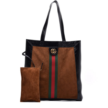 Gucci Suede Patent Web Large Ophidia Vertical Shopping Tote Nocciola Black 1 of 11