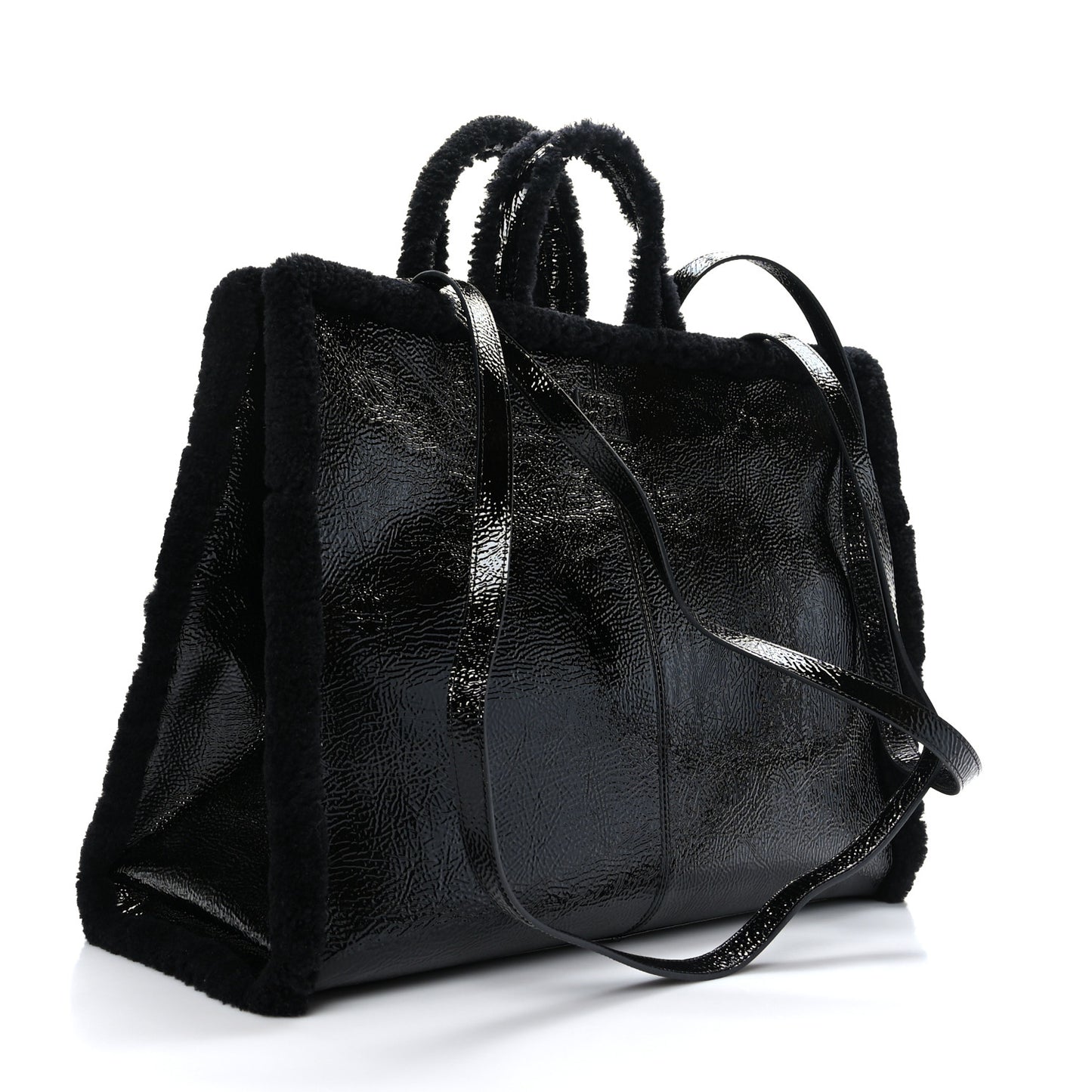 X UGG Crinkle Patent Shearling Large Shopping Bag Black