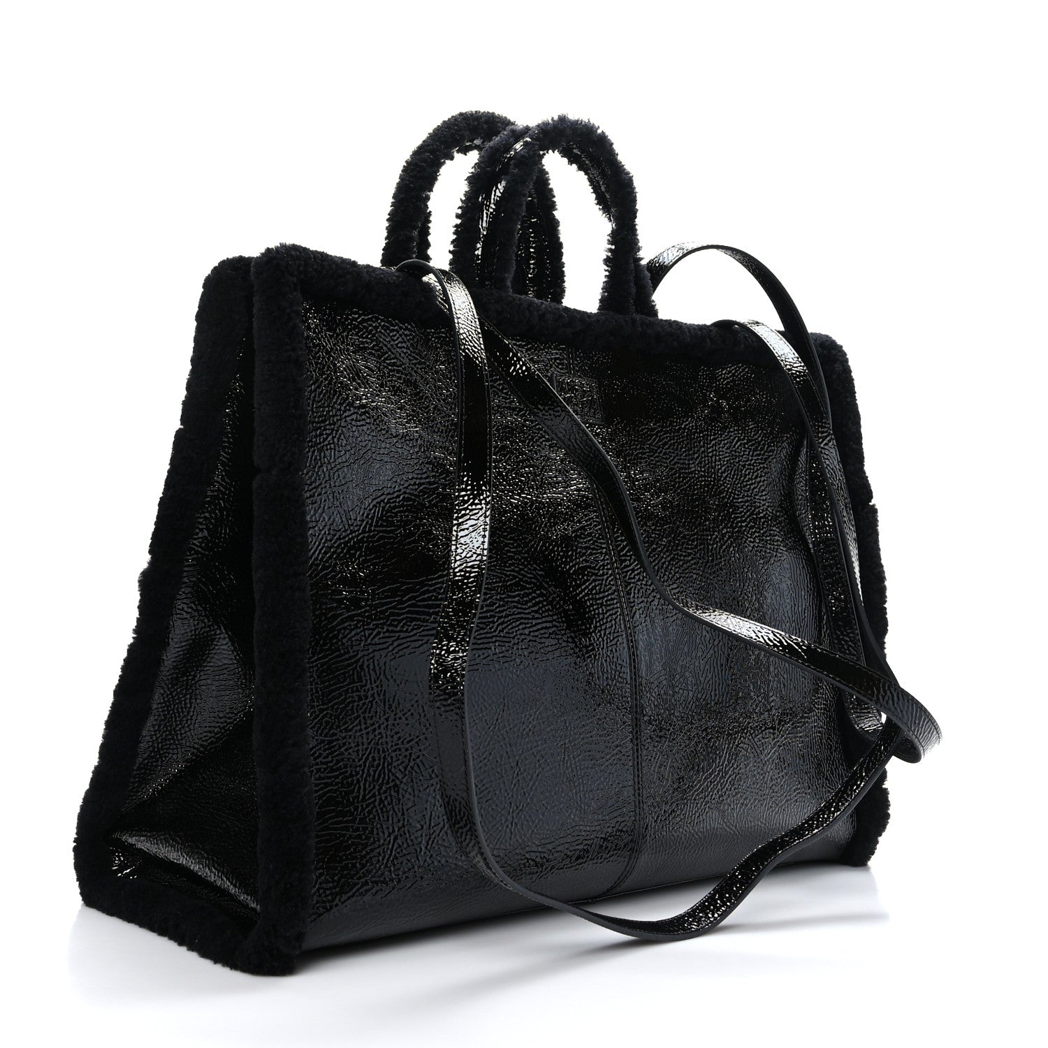 Telfar X UGG Crinkle Patent Shearling Large Shopping Bag Black 3 of 8