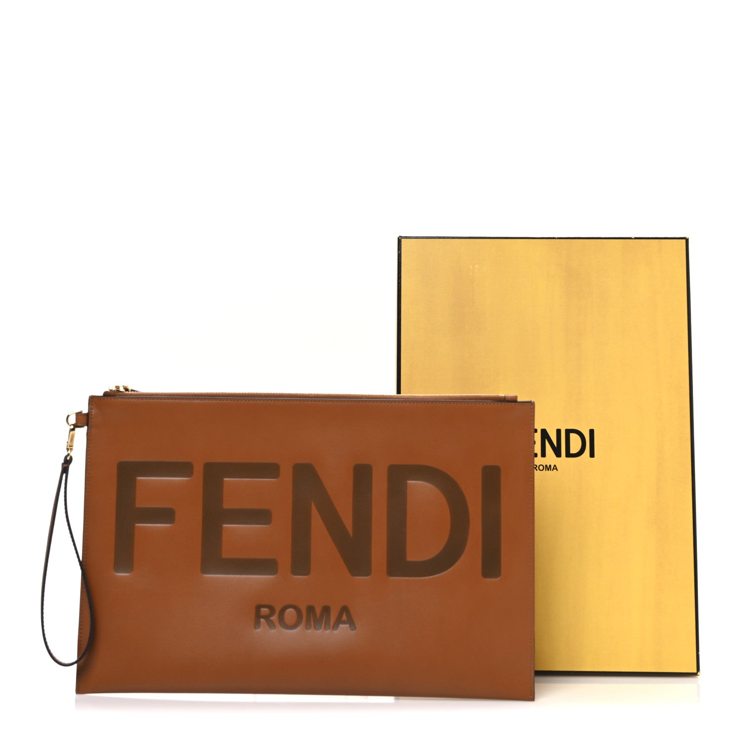 Fendi Vitello King Logo Embossed Large Flat Pouch Cuoio 1834436
