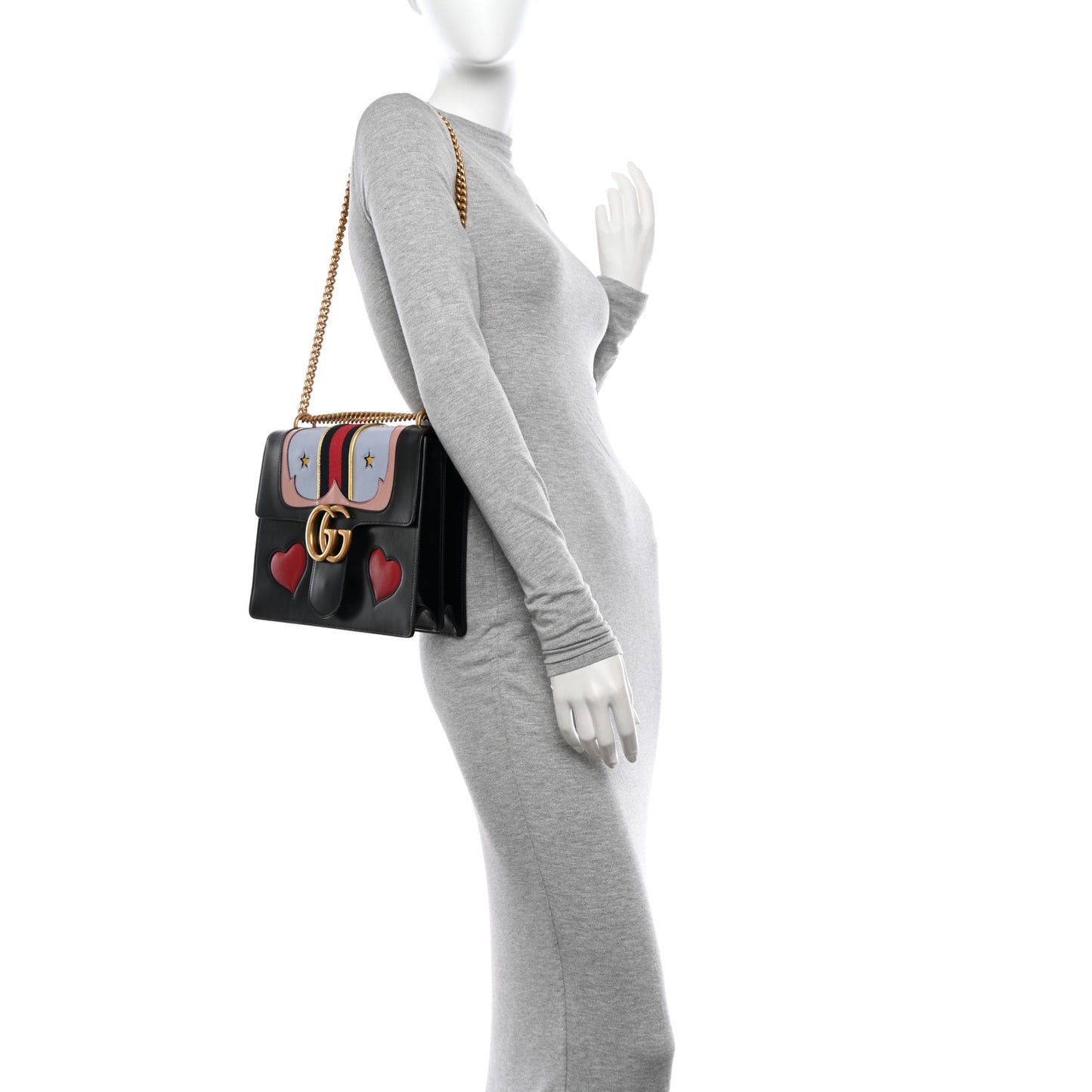 Calfskin Web Heart Medium GG Marmont Chain Handle Bag Black