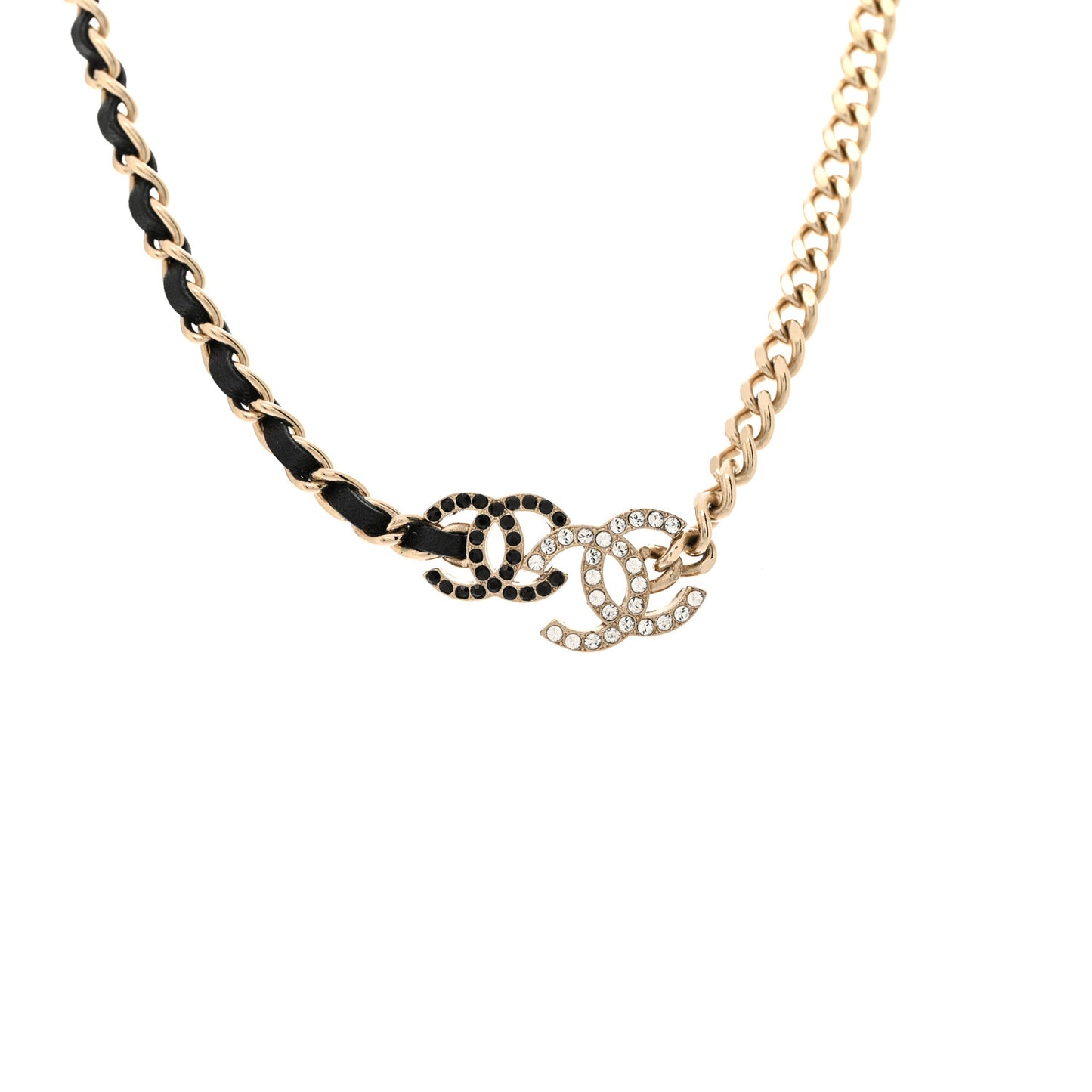 Metal Calfskin Crystal Double CC Short Necklace Black Gold
