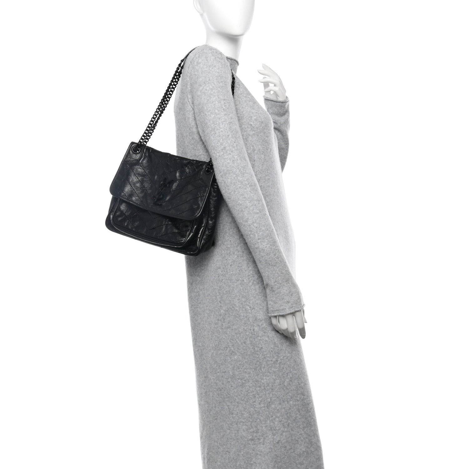 Saint Laurent Crinkled Calfskin Matelasse Monogram Medium Niki Chain Satchel Black 2 of 10