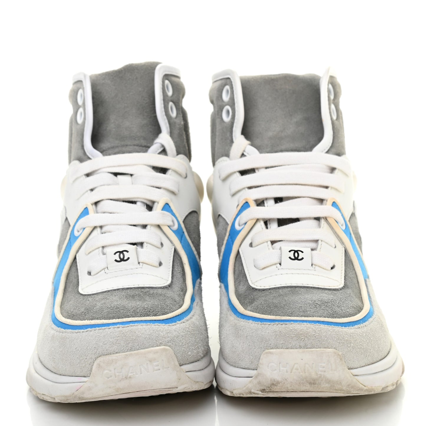 Suede Calfskin Lambskin High Top CC Sneakers 36 White Grey Fluo Blue