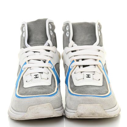 Chanel Suede Calfskin Lambskin High Top CC Sneakers 36 White Grey Fluo Blue 2 of 11