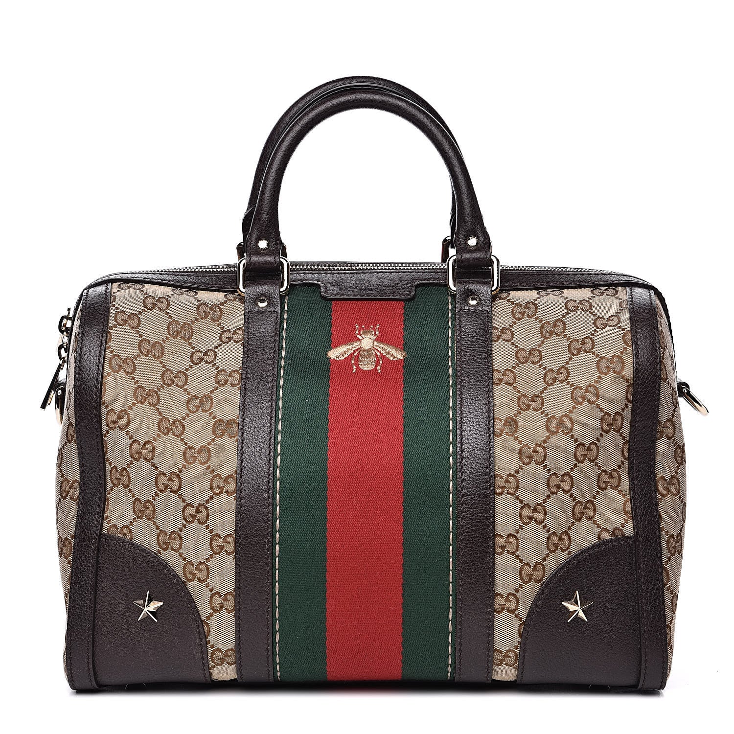 Gucci Monogram Vintage Web Medium Webby Bee Boston Dark Brown 1 of 11