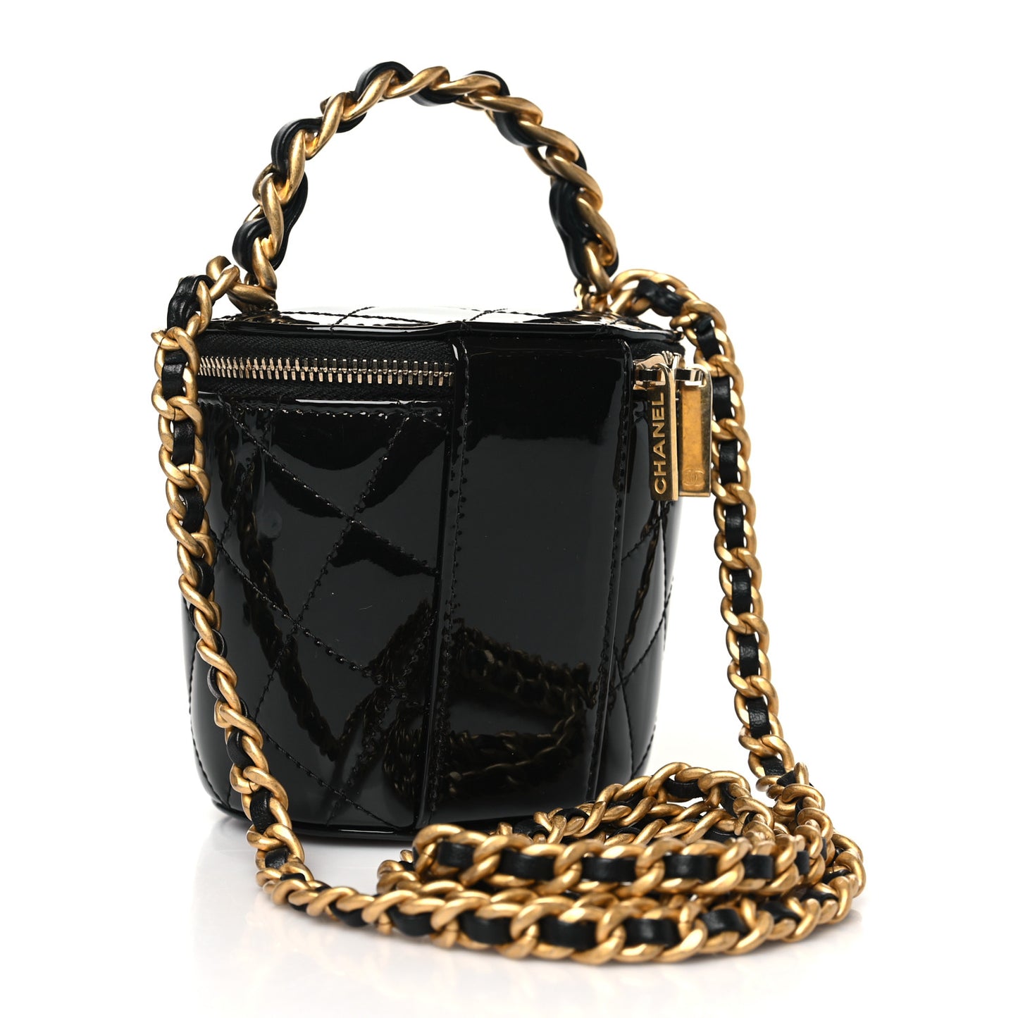 Patent Quilted Afternoon Tea Top Handle Vanity Case With Chain Black