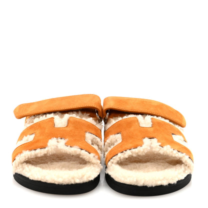 Hermes Suede Goatskin Woolskin Womens Chypre Sandals 37 Brun Fume Ecru 3 of 9
