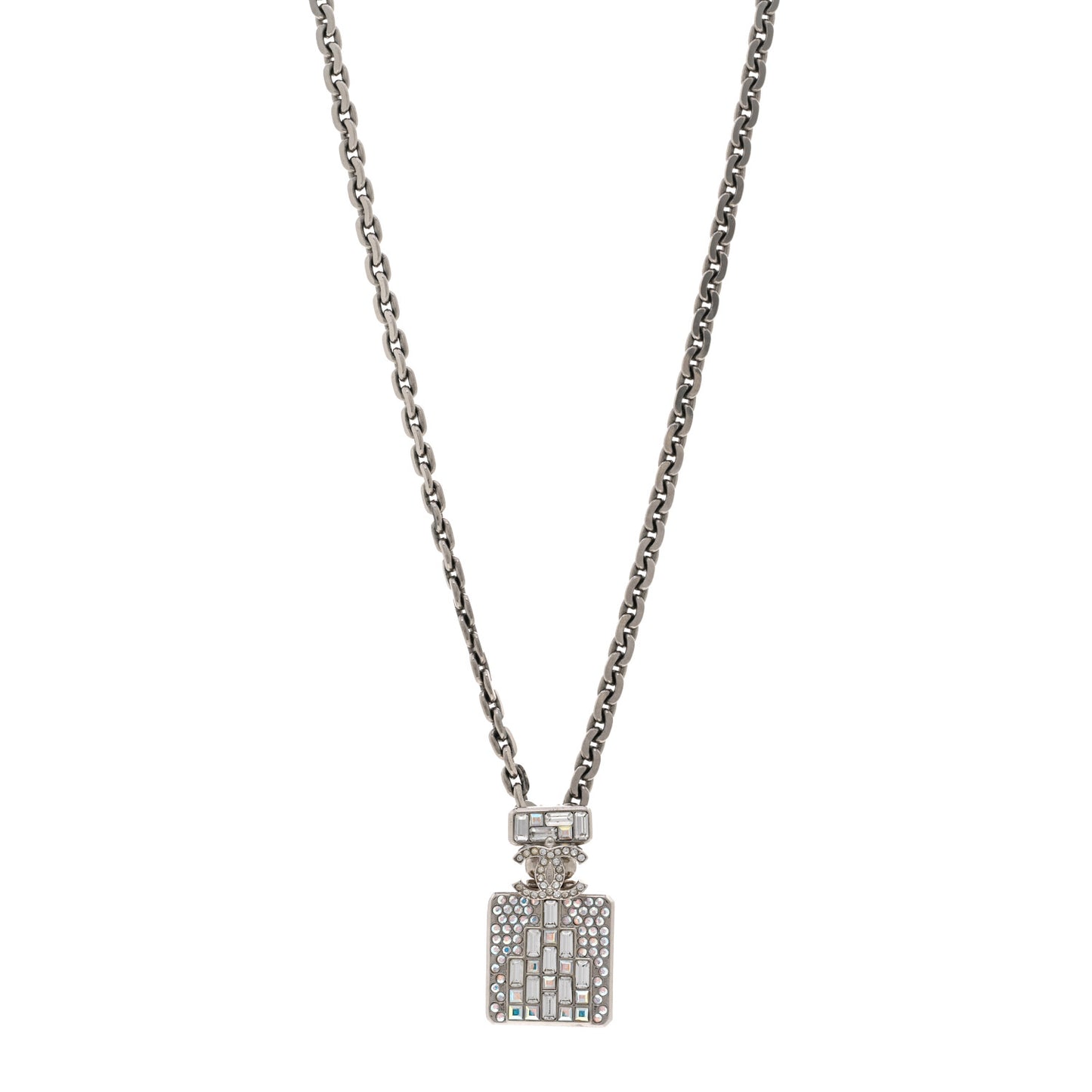 Metal Crystal CC Perfume Bottle Necklace Silver