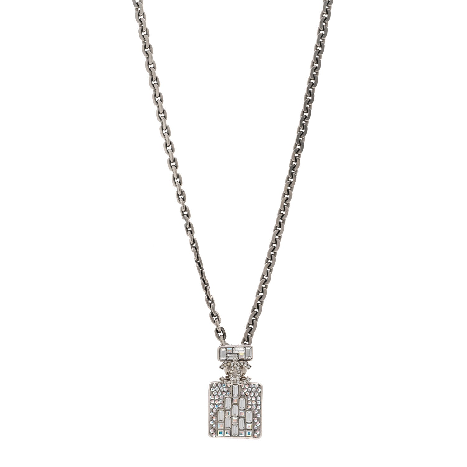 Chanel Metal Crystal CC Perfume Bottle Necklace Silver 1 of 4