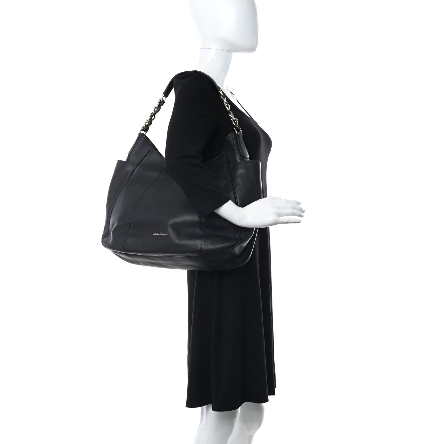 Calfskin Elle Gancini Chain Hobo Black