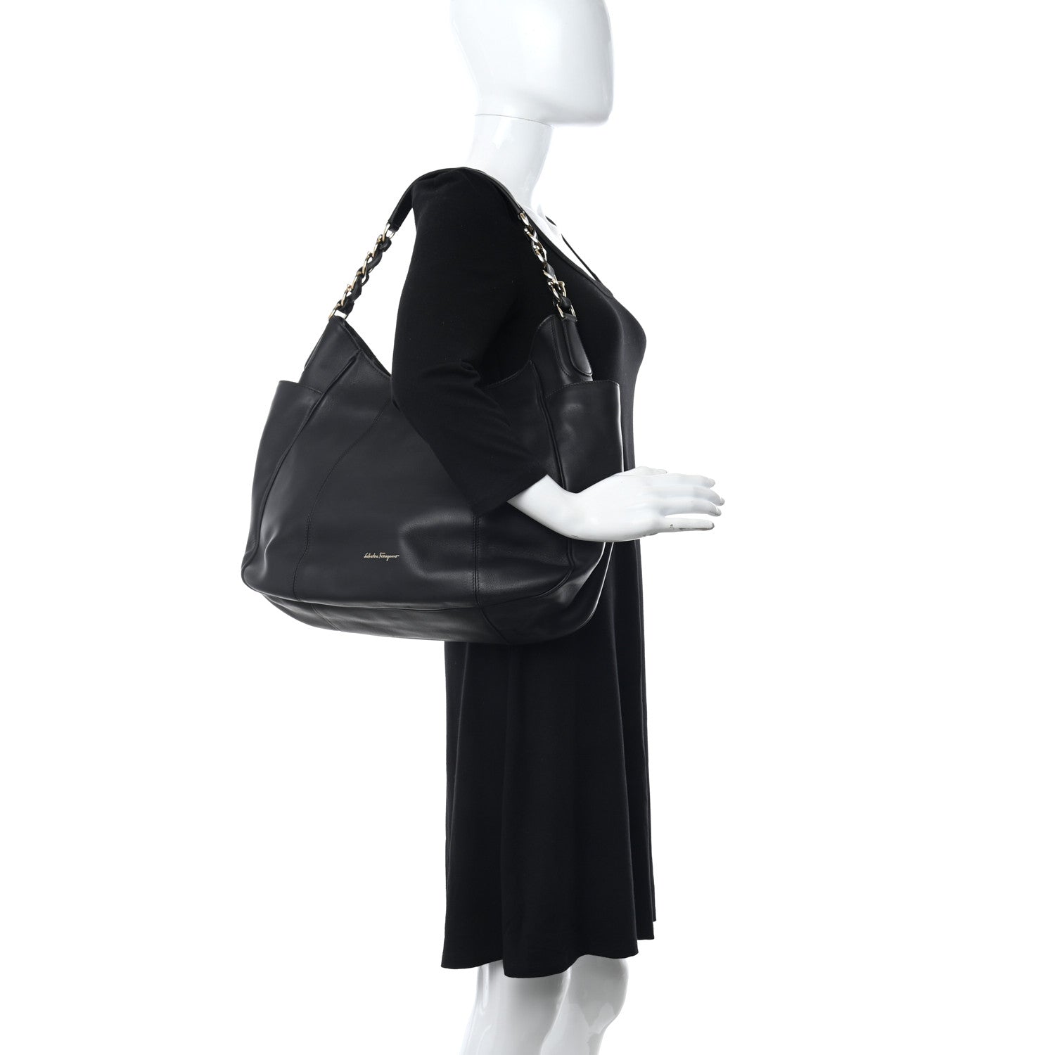 Salvatore Ferragamo Calfskin Elle Gancini Chain Hobo Black 2 of 11