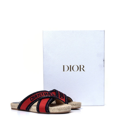 Christian Dior Canvas Embroidered Granville Espadrille Crisscross Flat Slide Sandals 37.5 Spicy Red 10 of 10