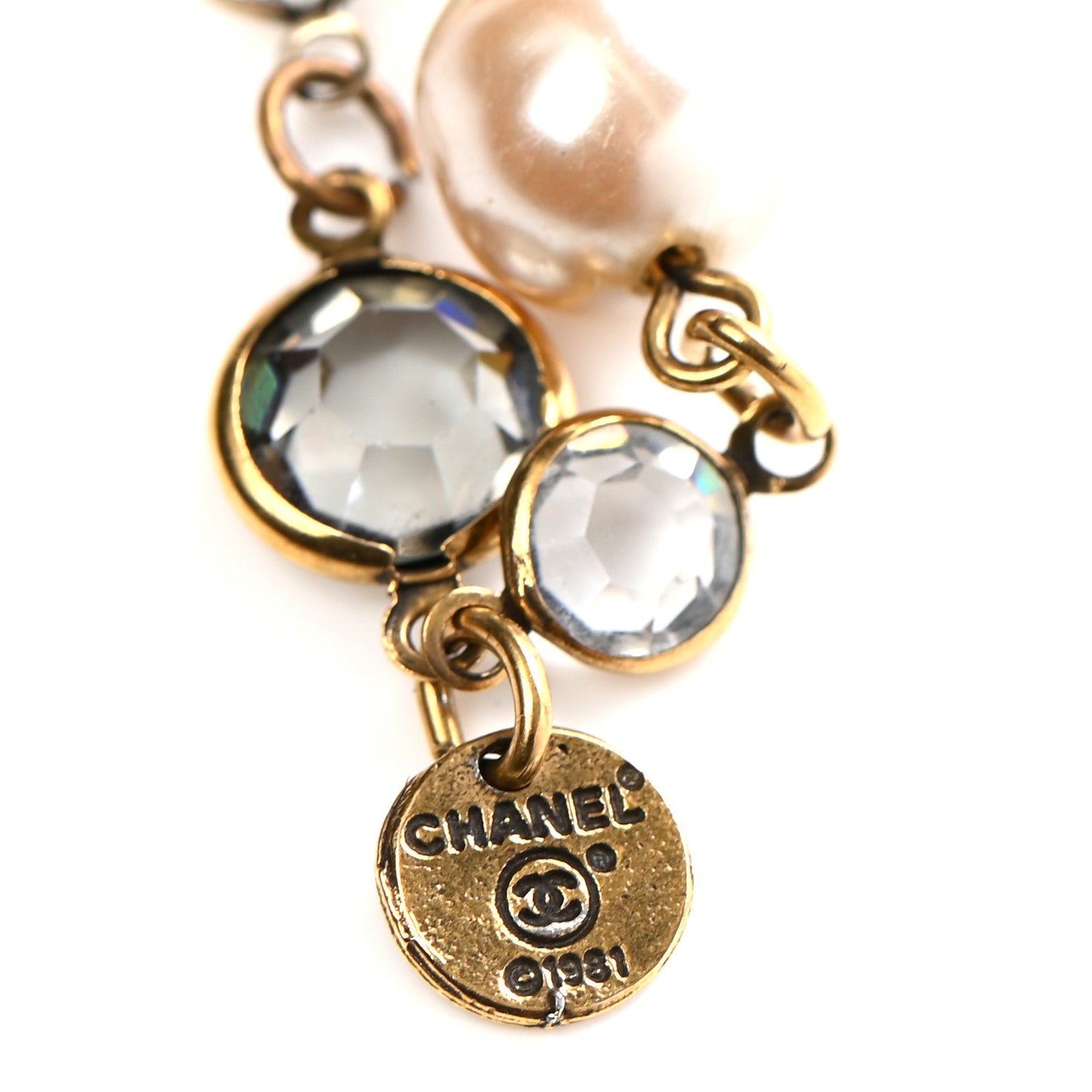 Crystal Pearl CC Long Necklace Gold