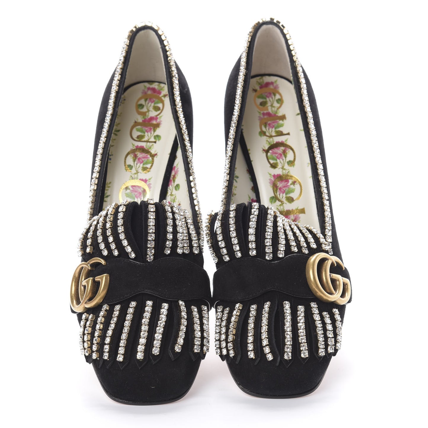 Kid Scamosciato Crystal GG Marmont Fringe 50mm Loafer Pumps 37 Black