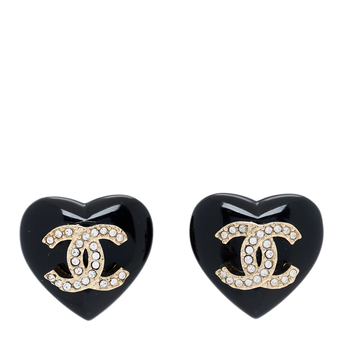 Resin Crystal CC Heart Earrings Black Gold