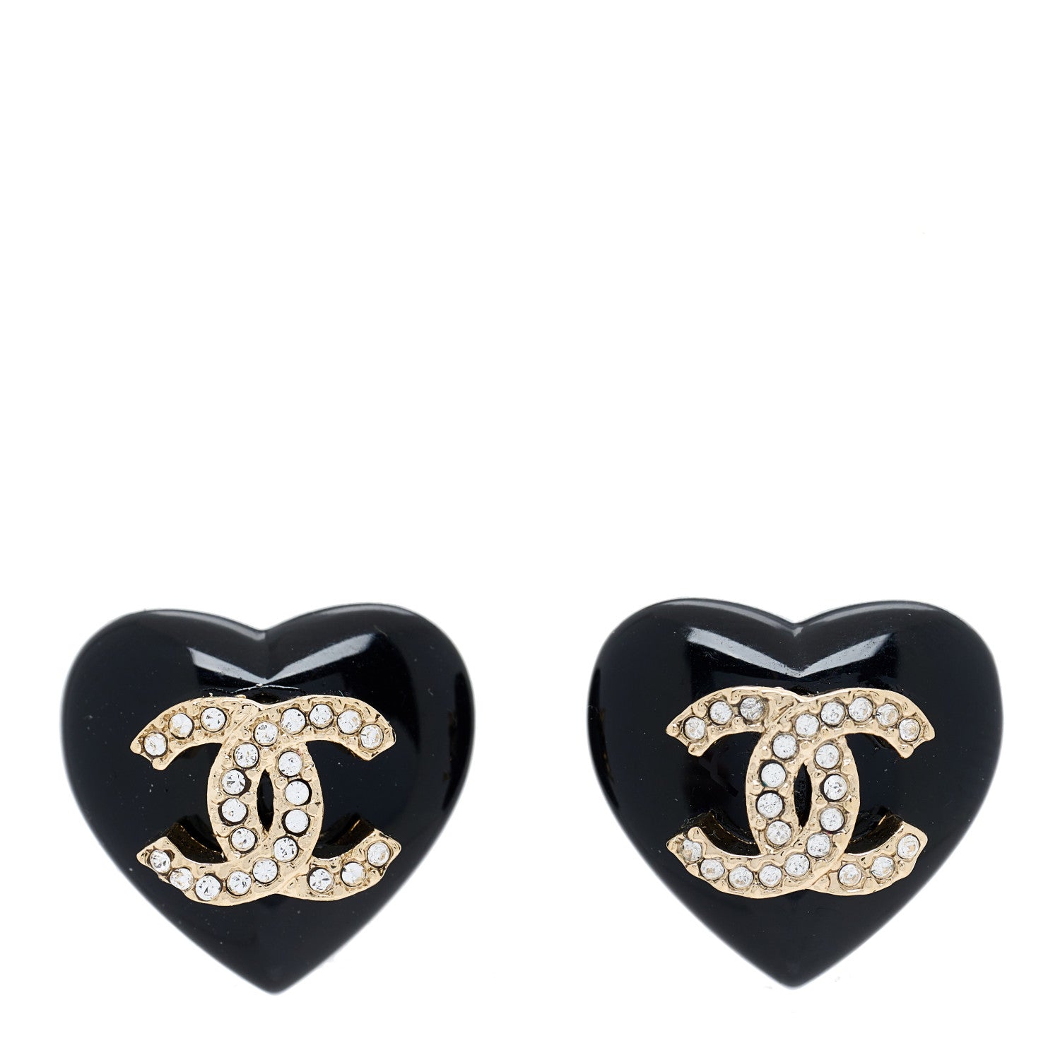 Chanel Resin Crystal CC Heart Earrings Black Gold 1 of 3