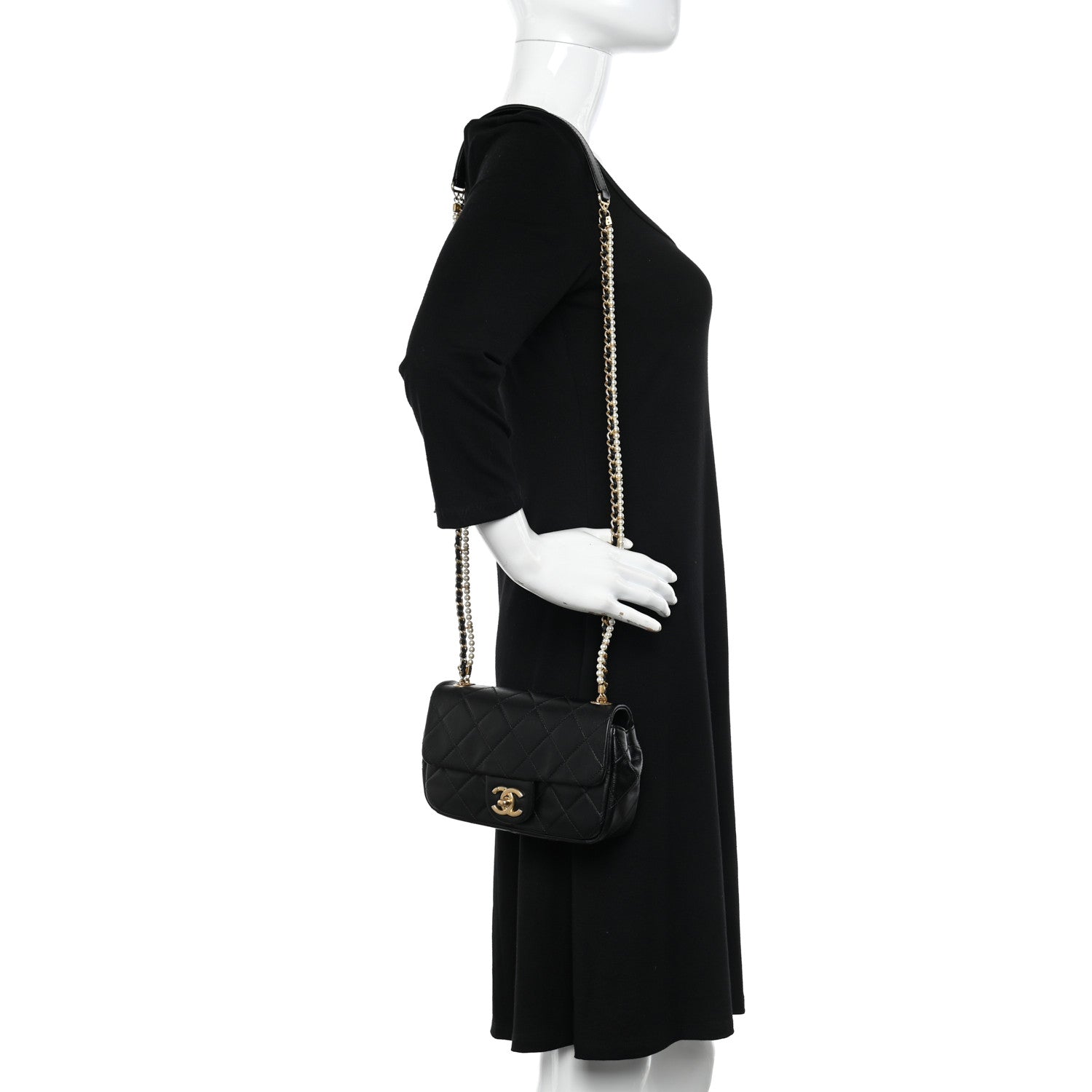 Chanel Calfskin Quilted Mini Rectangular Crystal Pearls Chain Flap Black 2 of 11