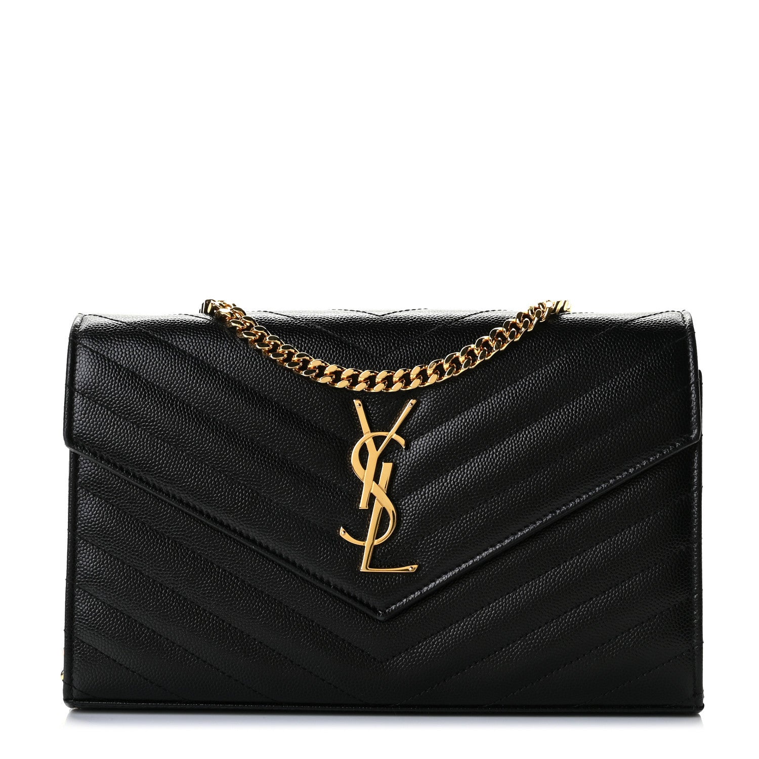 Saint Laurent Grain De Poudre Matelasse Chevron Monogram Chain Wallet Black 1 of 11