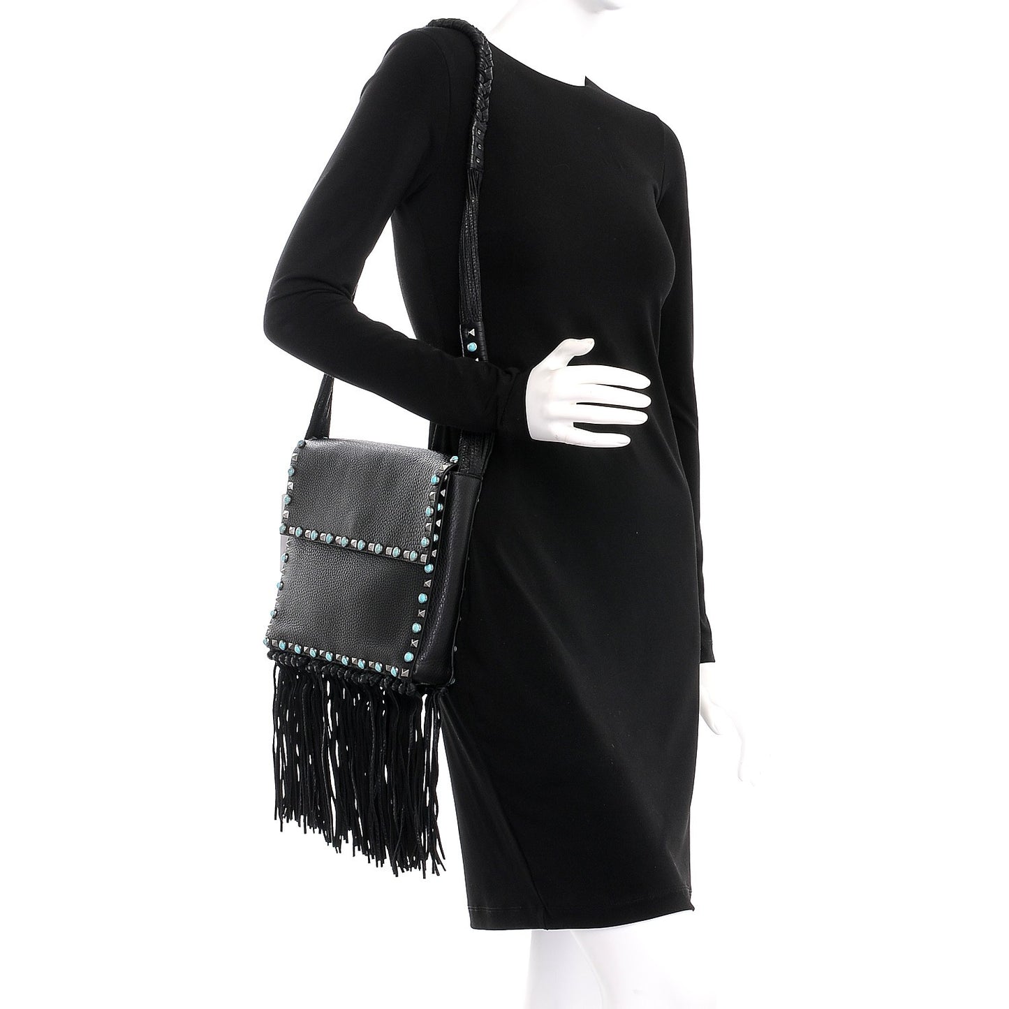 Pebbled Calfskin Rockstud Rolling Fringe Messenger Black